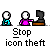 Pixel art of two figures at a computer with speech bubbles and repeated 'Stop icon theft' text below.