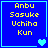 Blue square with yellow text 'Anbu Sasuke Uchiha Kun' and a light blue heart symbol in the bottom-right corner.