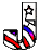 A vertical J-shaped icon with striped patterns and star symbols, displaying color variations