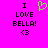 A bright pink background displays black pixelated text reading "I LOVE BELLA!" with a heart symbol and a smiley face below, where the left version includes a green pixelated heart above the text.