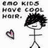 Pixelated image with text 'EMO KIDS HAVE COOL HAIR.' above a stick figure with spiky black hair, a small heart, and a of colored heart outlines