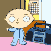 Animated cartoon character in light blue onesie stands in room with pink floor, brown wall, and large blue boombox, performing sequential arm movements.