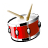 Pixelated red drum with white top and black accents, featuring two beige drumsticks resting on its surface against a plain background.
