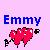 Pixelated icon with blue text 'Emmy' above red hearts and black symbols on a pink background.