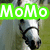 Green banner with white text reading 'MoMo' above a pixelated horse head wearing a black bridle against a blurred background.
