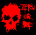 Red pixelated skull with black eye sockets and nasal cavity on a solid black background, accompanied by red Chinese characters to the right.