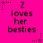 A bright pink background displays repeated text 'Z loves her besties' with star-shaped pixel art elements in various positions.