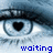 Pixelated eye with heart-shaped pupil, black eyeliner, and blue text reading 'waiting' below.