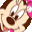 Pixelated cartoon character with brown hair and pink accessories, showing two expressions: smiling eyes and a closed-eye wink.