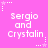 Pixelated text 'Sergio and Crystalin' repeated across a pink background with white star and dot patterns.