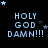 Pixelated text 'HOLY GOD DAMN!!!' in light blue on black background with scattered stars, animated star positions across frames.