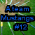 A static image of a green grassy field with radiating colorful lines and text reading "A team Mustangs #12" in blue pixelated font.