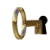 Animated sequence of a golden key with blue accents rotating clockwise against white background, showing multiple angles from full side view to near-front perspective.