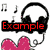 Animated icon with headphones, musical notes, a heart shape, and text elements on a white background.