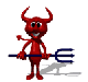 Red devil character with horns and a pitchfork in six sequential poses showing head turn, mouth open/closed, and hand positions.