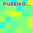 Pixelated of cyan, green, and yellow squares with four instances of pink text reading "Puzzled...." in the corners