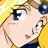 Pixelated anime-style character with blonde hair and blue eyes, side profile against black background with silver text.