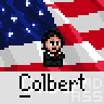 Animated contact sheet of a pixel art character named Colbert against an American flag background with speech bubbles and changing expressions across 19 frames.