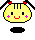 Two side-by-side pixel art frames of a yellow cartoon character with black pigtails, red hair ties, pink blush marks, and a smiling mouth on a gray background.