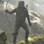 A pixelated figure in dark clothing stands with arms outstretched against a cloudy sky, holding a long object in one hand.