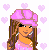 Pixel art of a female character with long brown hair wearing a pink cap and top, standing against a white background with light purple hearts.
