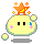Pixelated yellow character with black square eyes, pink cheek marks, and blue tear-like shapes on cheeks; orange star atop head with small orange sparkles.