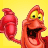 Pixelated red cartoon character with yellow eyes and black pupils, open mouth showing dark interior, raised arm, yellow background.