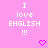 Pixelated text on pink background with two heart symbols below, showing 'I love ENGLISH !!!' in white and magenta.