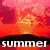six pixelated summer-themed images including beach scenes, flowers, and text