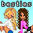 Pixel art buddy icon featuring two cartoon girls with distinct hairstyles and outfits under the text 'besties' on a light blue background.