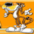 Pixelated figure in white sneakers and brown pants holds a yellow tennis racket against an orange background.