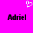 A bright pink background features a white pixelated heart above two identical black text labels reading "Adriel" with purple pixelation effects.