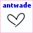 Blue pixelated text 'antwade' above a black and white pixelated heart outline on a white background with pink border.