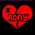 Red heart-shaped icon with black text "RONY" overlaid, split vertically into two halves against a dark background.