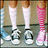 Pixelated image of three pairs of legs wearing socks and shoes on a gray floor, with text on pink backgrounds.