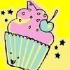A cartoon-style cupcake with pink frosting, a blue heart-shaped cherry, and a striped wrapper on a yellow background with black stars.