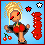 Pixel art contact sheet showing two frames of an animated buddy icon with a blonde cartoon character, red star symbols, and cherry props against a blue background.