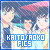 Pixelated image of three anime-style characters with dark hair and light skin, overlaid with blue text reading KAITO/ROKO FICS on a blue border.