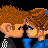 Pixel art contact sheet of four animated frames showing two cartoon characters kissing with a pink heart symbol in the center frame.