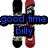 A static image shows a person in a red and white outfit with blue text reading 'good time billy' over a white background.