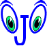 Animated sequence of blue cartoon eyes with green irises and black pupils, each paired with a blue 'J' shape, showing eye closure and partial closure across frames.