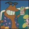 Brown cartoon character with large white teeth, black sunglasses on head, blue floral shirt, holding a colorful can against a blue background.