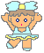 Pixel art character in light blue dress with yellow trim, light blue bow on head, brown or green hair, and orange skin performing four distinct poses.