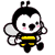 Pixelated cartoon bee with black and white body, yellow stripes on abdomen, pink cheeks, large eyes, two antennae, wings, and a small black tail segment.