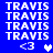 Blue background with repeated white 'TRAVIS' text, '<3', and heart symbols; one heart changes from white to light blue.