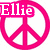 Five peace sign icons in pink, yellow, green, blue, and purple with 'Ellie' text in matching colors, arranged in a with a gray square in the bottom-right