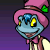 A 5x5 contact sheet of a pixelated animated character with blue skin, yellow eyes, and pink hat holding green cards against purple background.