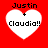 Four identical pixelated heart-shaped icons with red background, each displaying 'Justin + Claudia!!' text in black font.