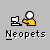 Pixel art buddy icon with yellow-shirted figure, computer, and text "Neopets" under each of five distinct visual states.