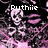 Pixelated image with pink and black color scheme featuring repeated skull motifs and stylized text elements.